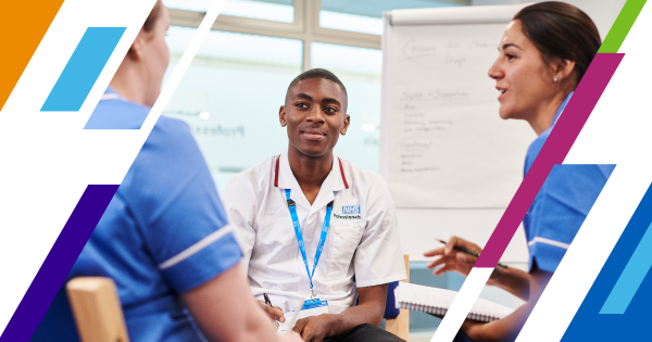 A branded image showing a male clinician smiling with folder arms.