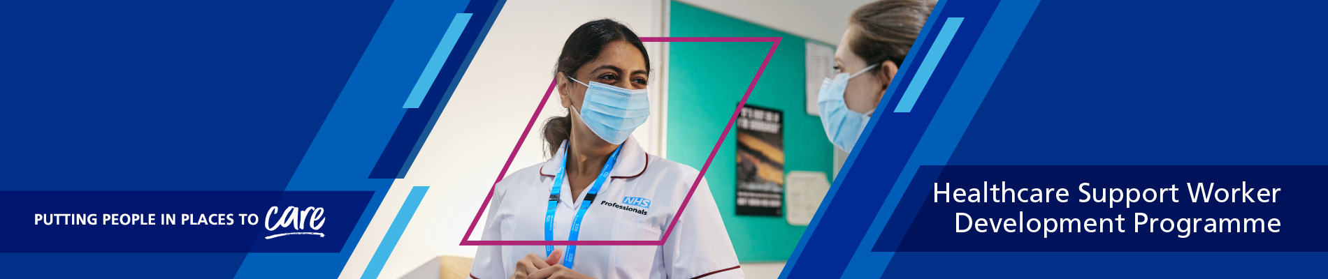 Female health worker masked, facing another female masked colleague in conversation