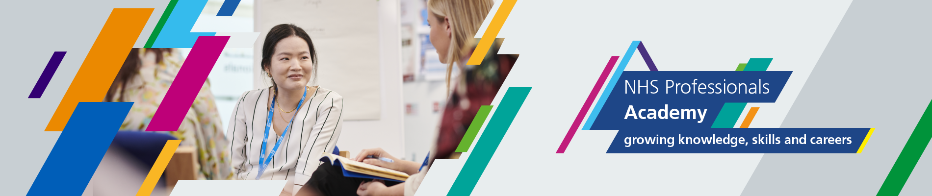 Branded page banner showing three ladies in a conversation and text that reads NHS Professionals Academy: growing knowledge, skills and careers.